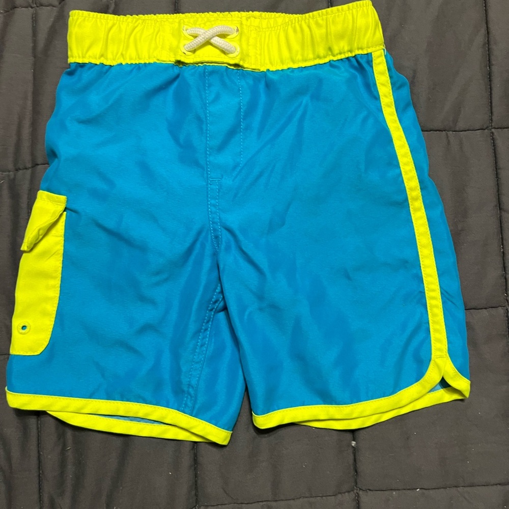 Lands' End Kids' Aqua and Neon Yellow Swim Trunks